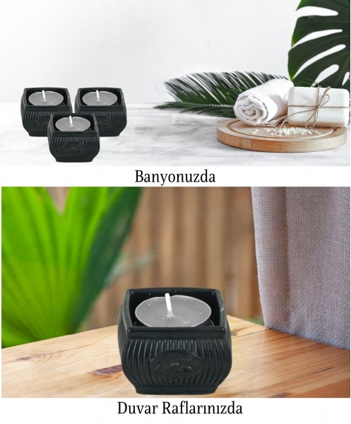 Siyah Mumluk Şamdan 3 Adet Tealight Uyumlu Üçlü Mini Çizgili Çiçekli Model